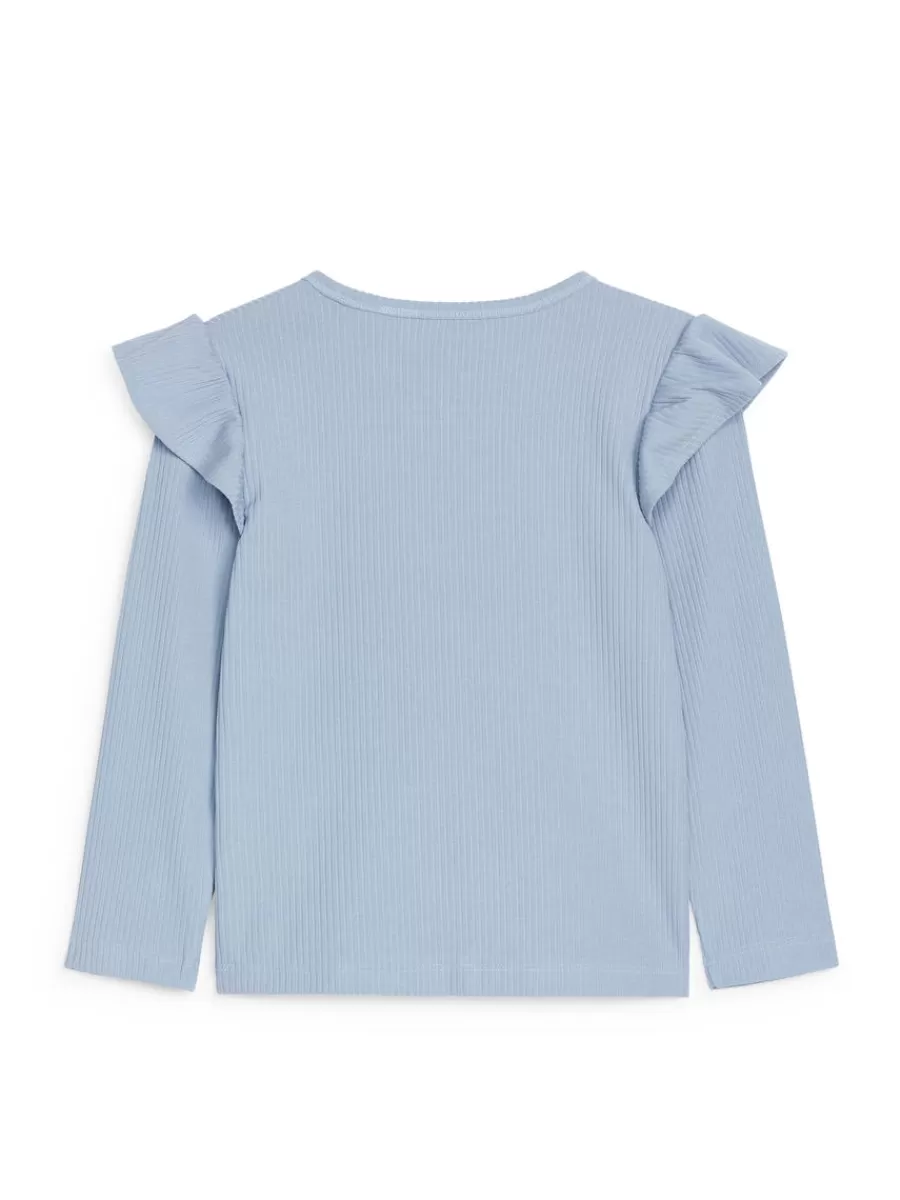 Cheap ARKET Frilled Jersey Top Dusty Blue